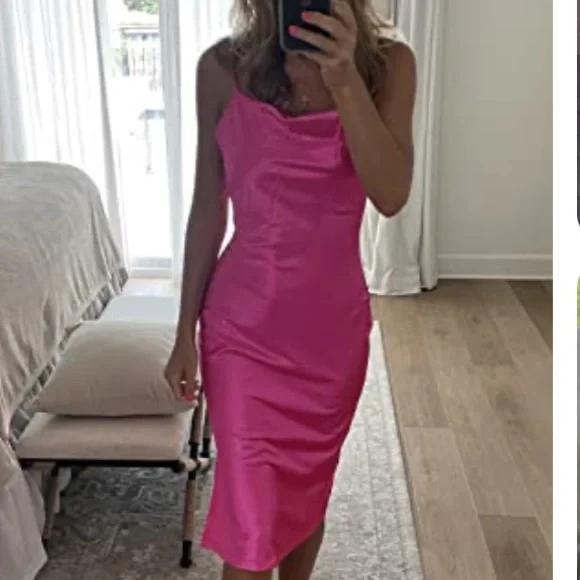 Neon Pink Satin MIDI Slip Dress - Picture 5 of 6